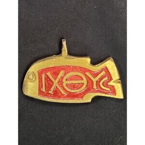 Vintage Ichthys Fish Symbol Pendant Terra Sancta Guild Israel Brass Red Enamel